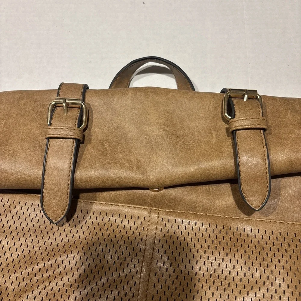 Parker Laser Cut Buckle‎ Fold Over Backpack Vegan Leather in Tan